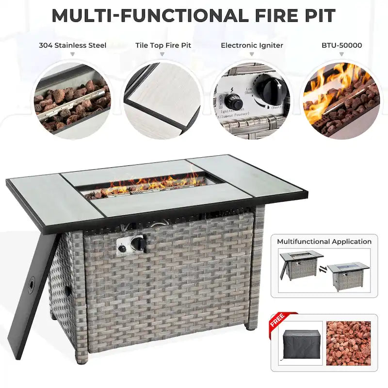 HOOOWOOO 16-piece Grey Rattan Outdoor Furniture Sectional Sofa Set Fire Pit Set with Swivel Chairs