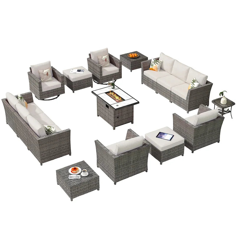 HOOOWOOO 16-piece Grey Rattan Outdoor Furniture Sectional Sofa Set Fire Pit Set with Swivel Chairs