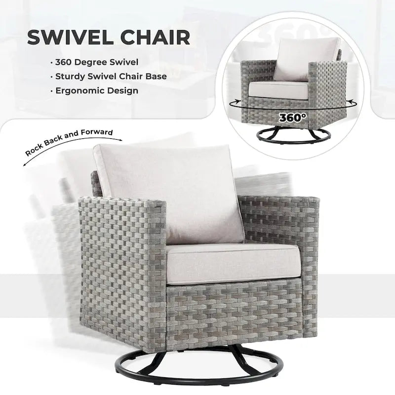 HOOOWOOO 16-piece Grey Rattan Outdoor Furniture Sectional Sofa Set Fire Pit Set with Swivel Chairs