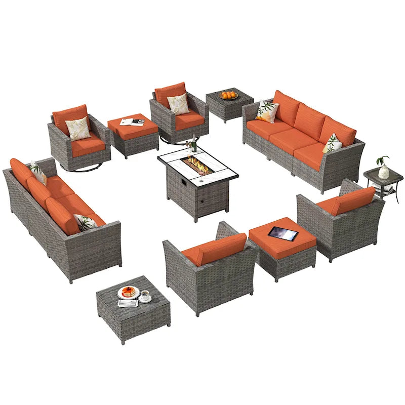 HOOOWOOO 16-piece Grey Rattan Outdoor Furniture Sectional Sofa Set Fire Pit Set with Swivel Chairs
