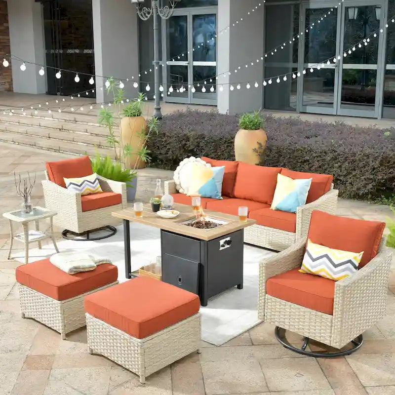 HOOOWOOO 7-piece Outdoor Wicker Patio Furniture Set with Fire Pit Table