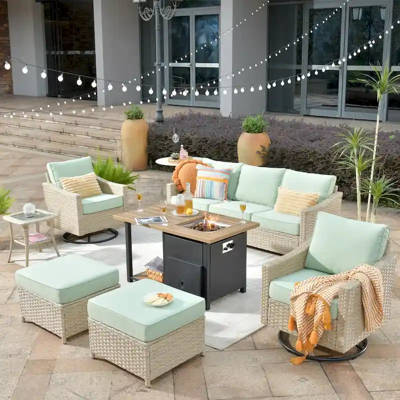 HOOOWOOO 7-piece Outdoor Wicker Patio Furniture Set with Fire Pit Table
