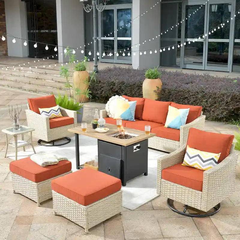 HOOOWOOO 7-piece Outdoor Wicker Patio Furniture Set with Fire Pit Table