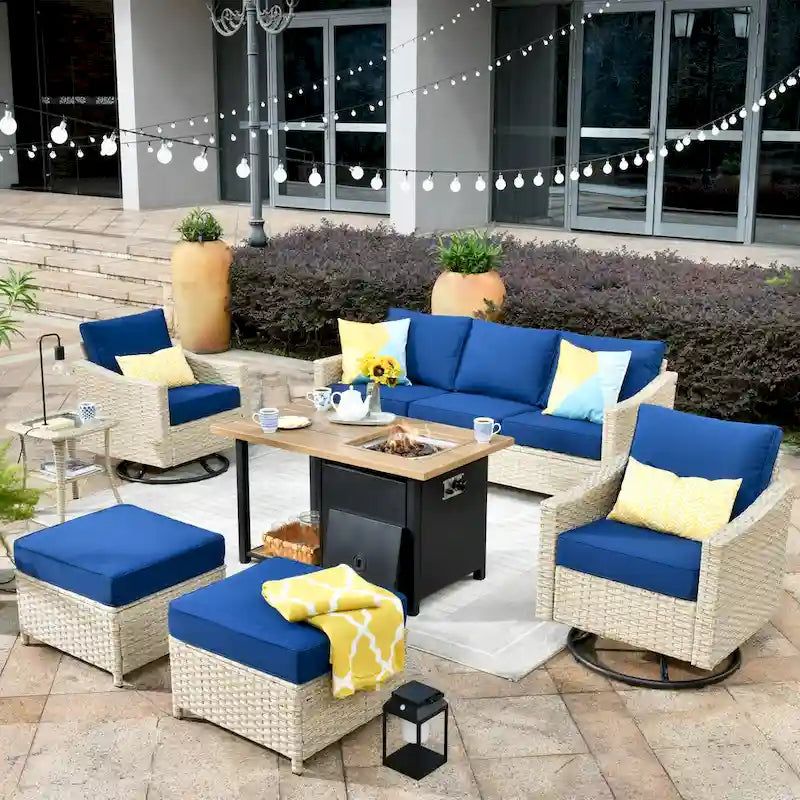HOOOWOOO 7-piece Outdoor Wicker Patio Furniture Set with Fire Pit Table