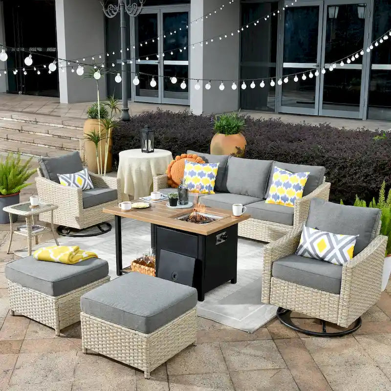 HOOOWOOO 7-piece Outdoor Wicker Patio Furniture Set with Fire Pit Table