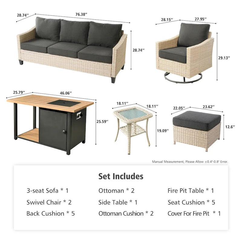 HOOOWOOO 7-piece Outdoor Wicker Patio Furniture Set with Fire Pit Table