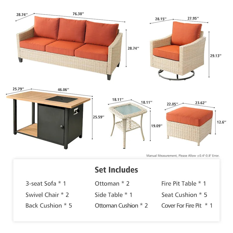 HOOOWOOO 7-piece Outdoor Wicker Patio Furniture Set with Fire Pit Table