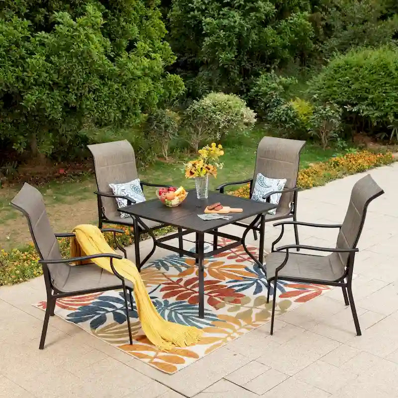 MAISON ARTS 7-Piece / 5-Piece Padded Textilene Chairs with Wave Arms & Metal Table Patio Dining Set