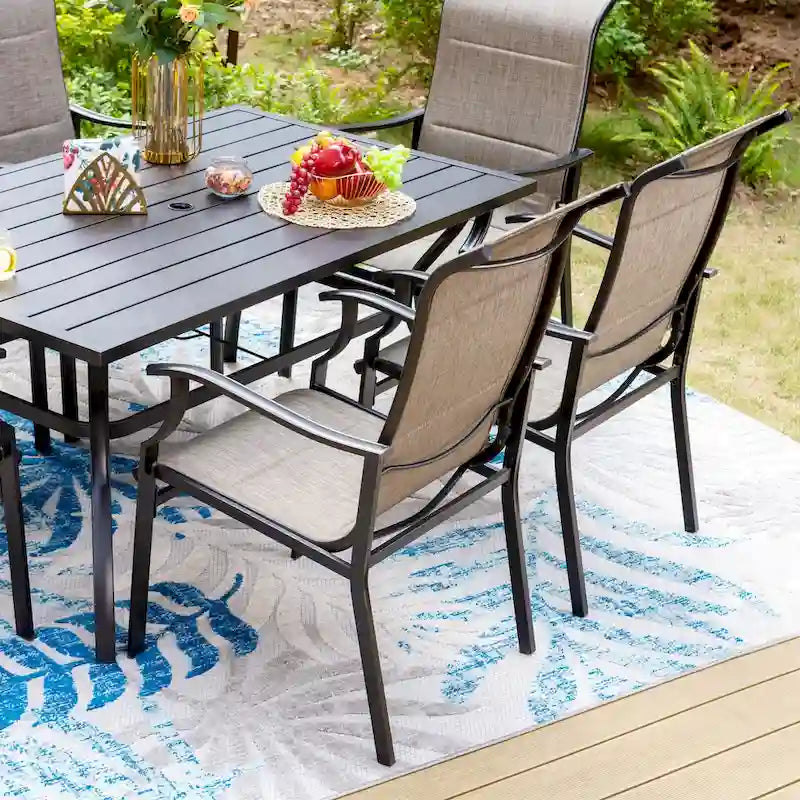 MAISON ARTS 7-Piece / 5-Piece Padded Textilene Chairs with Wave Arms & Metal Table Patio Dining Set