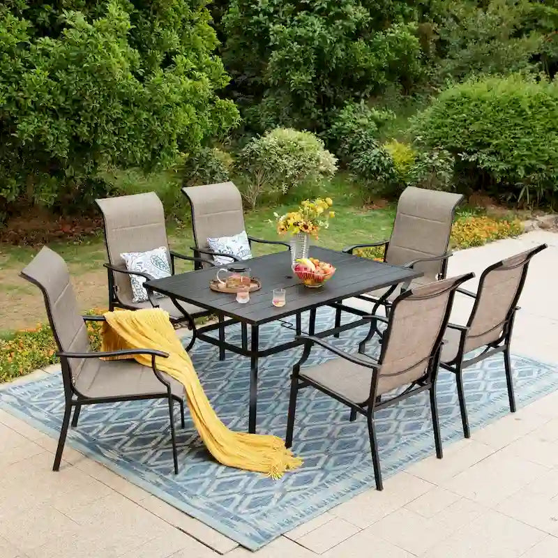 MAISON ARTS 7-Piece / 5-Piece Padded Textilene Chairs with Wave Arms & Metal Table Patio Dining Set