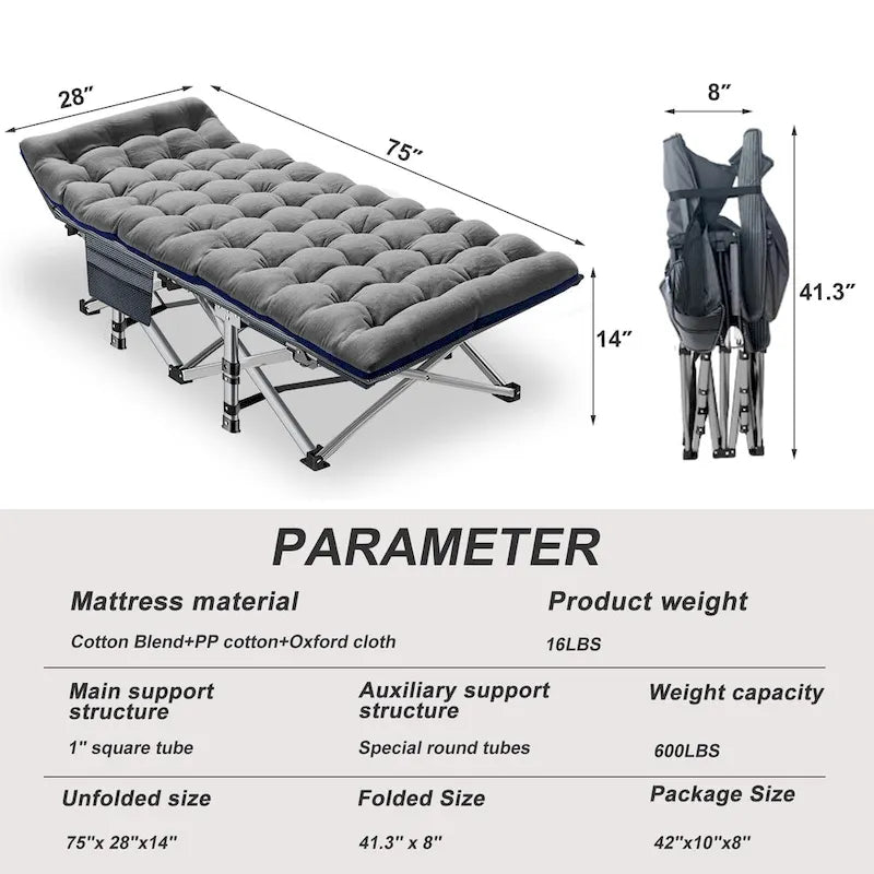 Portable Folding Camping Bed with Mattress, Guest Cot Bed 2PCS - 75