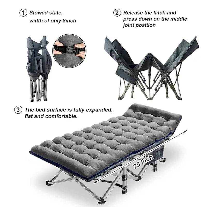 Portable Folding Camping Bed with Mattress, Guest Cot Bed 2PCS - 75