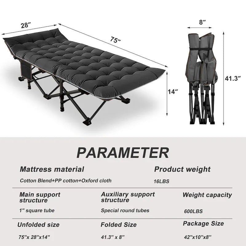 Portable Folding Camping Bed with Mattress, Guest Cot Bed 2PCS - 75