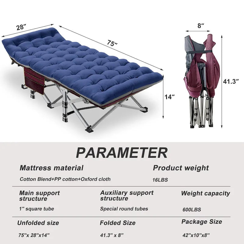 Portable Folding Camping Bed with Mattress, Guest Cot Bed 2PCS - 75