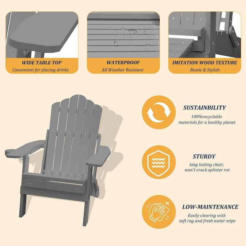 Clihome HIPS Folding Patio Adirondack Chair with Pull-out Ottoman