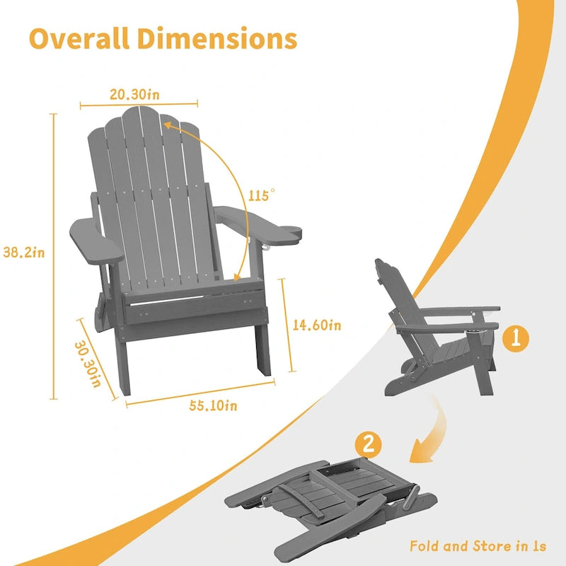 Clihome HIPS Folding Patio Adirondack Chair with Pull-out Ottoman