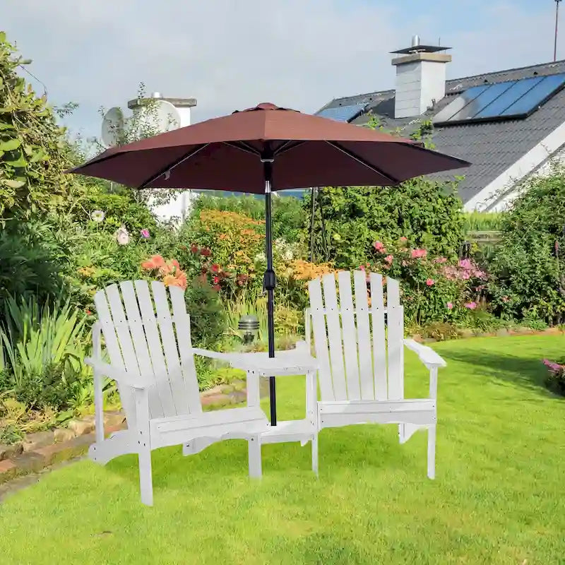 Outsunny Wooden Outdoor Double Adirondack Chairs with Center Table and Umbrella Hole, Perfect for Lounging and Relaxing