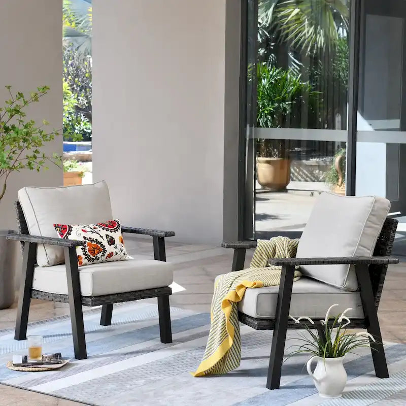 XIZZI Outdoor Wicker Armchairs with Steel Frame (Set of 2)
