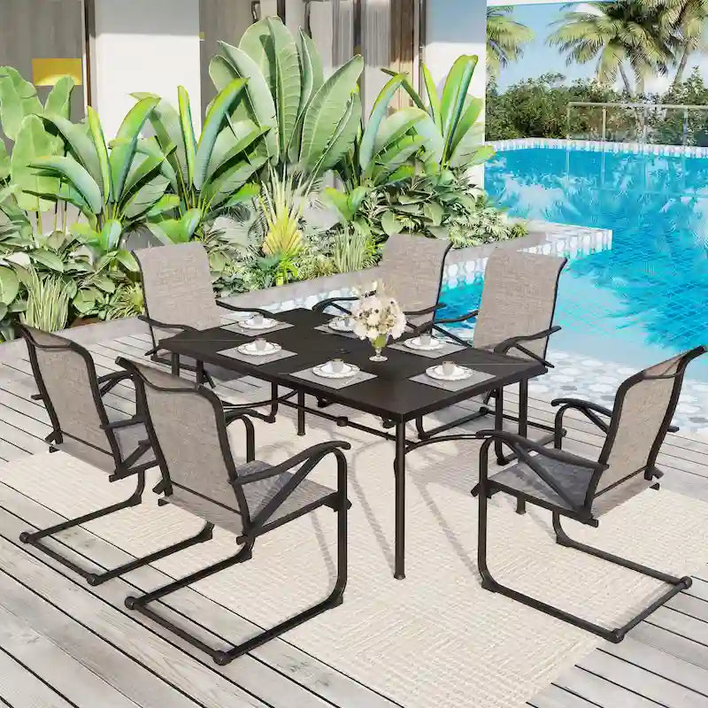 7 PCS Outdoor Patio Dining Set, 6 Spring Motion Chairs, 1 Rectangular Expandable Table