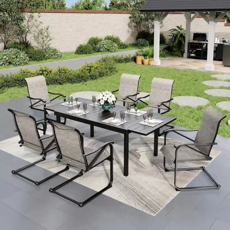 7 PCS Outdoor Patio Dining Set, 6 Spring Motion Chairs, 1 Rectangular Expandable Table