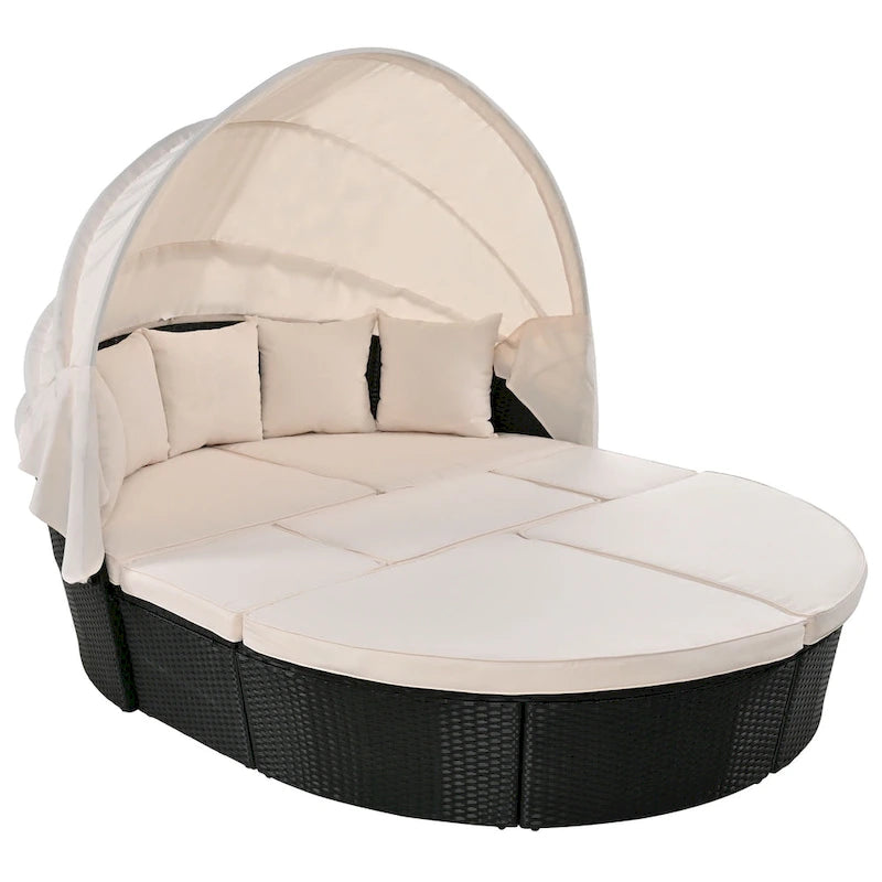 Outdoor Rattan daybed sunbed with Retractable Canopy Wicker Furniture with Washable Cushions