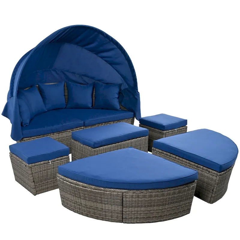 Outdoor Rattan daybed sunbed with Retractable Canopy Wicker Furniture with Washable Cushions