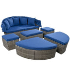 Outdoor Rattan daybed sunbed with Retractable Canopy Wicker Furniture with Washable Cushions