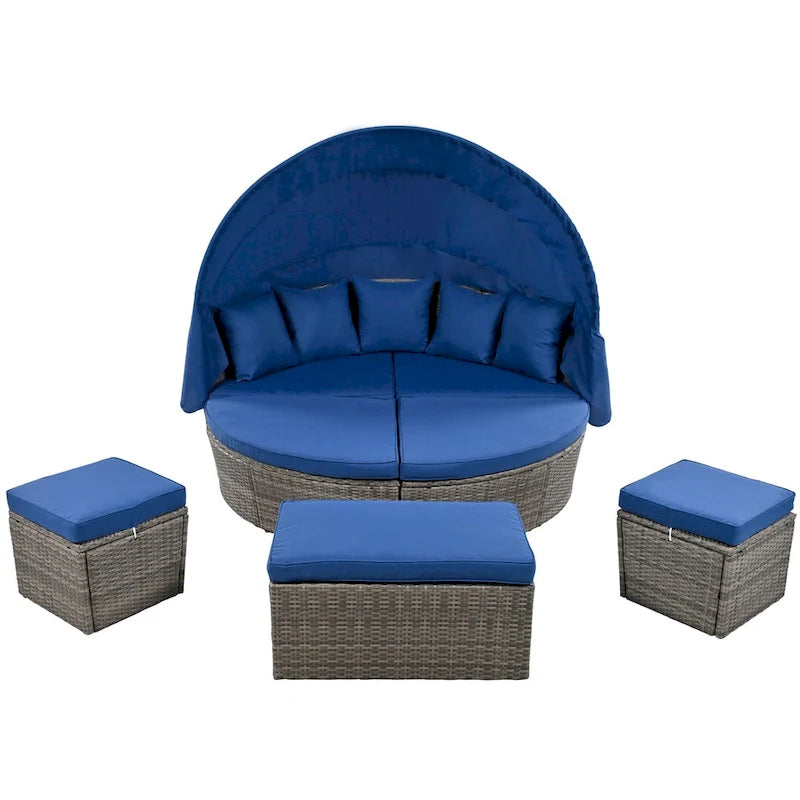 Outdoor Rattan daybed sunbed with Retractable Canopy Wicker Furniture with Washable Cushions