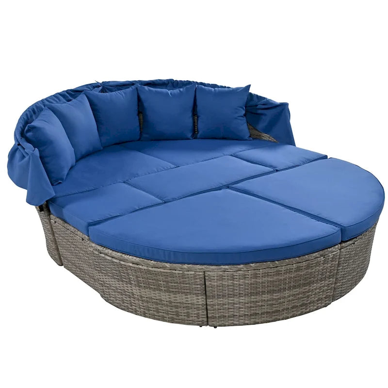 Outdoor Rattan daybed sunbed with Retractable Canopy Wicker Furniture with Washable Cushions