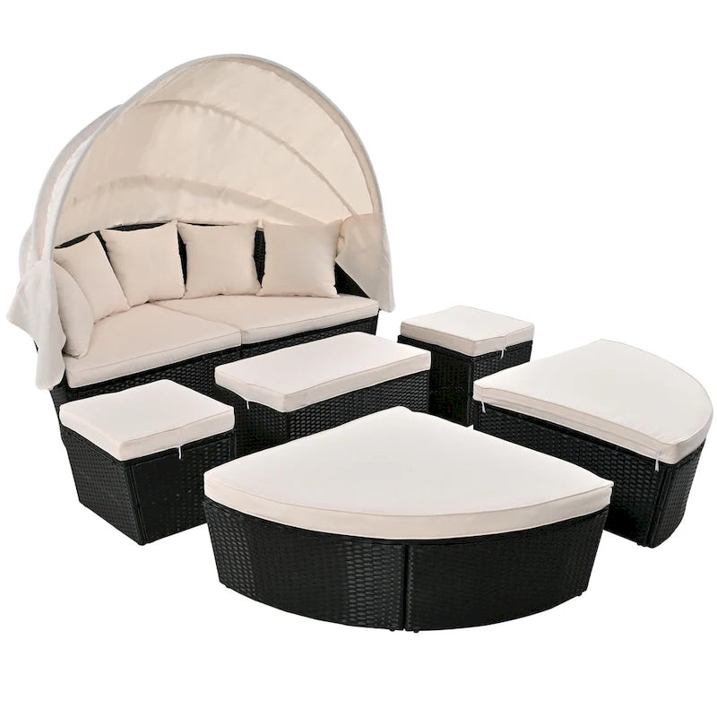 Outdoor Rattan daybed sunbed with Retractable Canopy Wicker Furniture with Washable Cushions