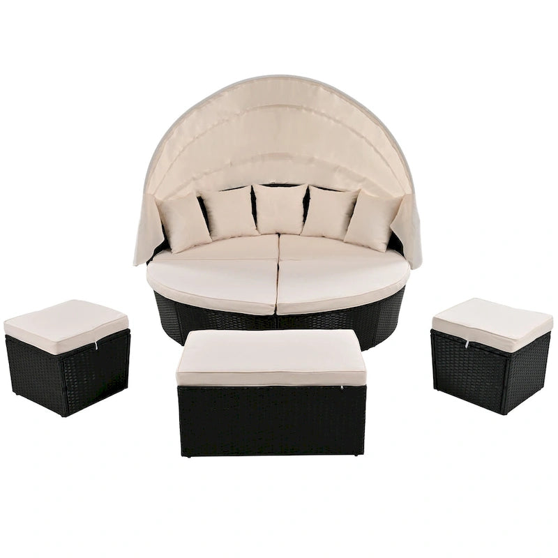 Outdoor Rattan daybed sunbed with Retractable Canopy Wicker Furniture with Washable Cushions
