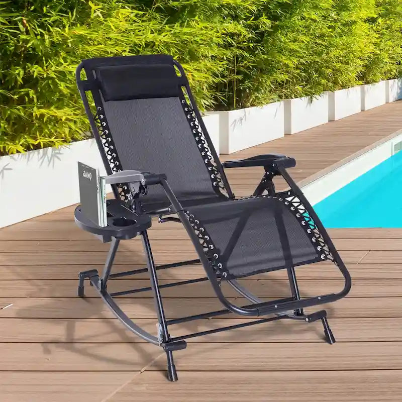 Outsunny Folding Zero Gravity Rocking Lounge Chair with Cup Holder Tray - Black