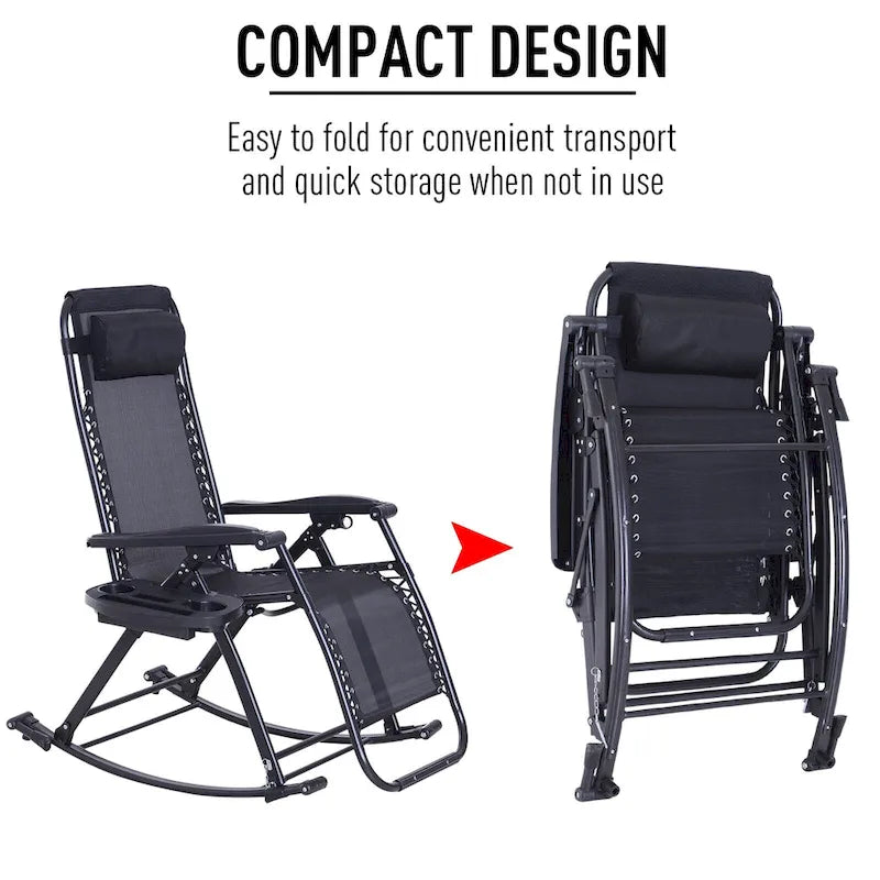 Outsunny Folding Zero Gravity Rocking Lounge Chair with Cup Holder Tray - Black