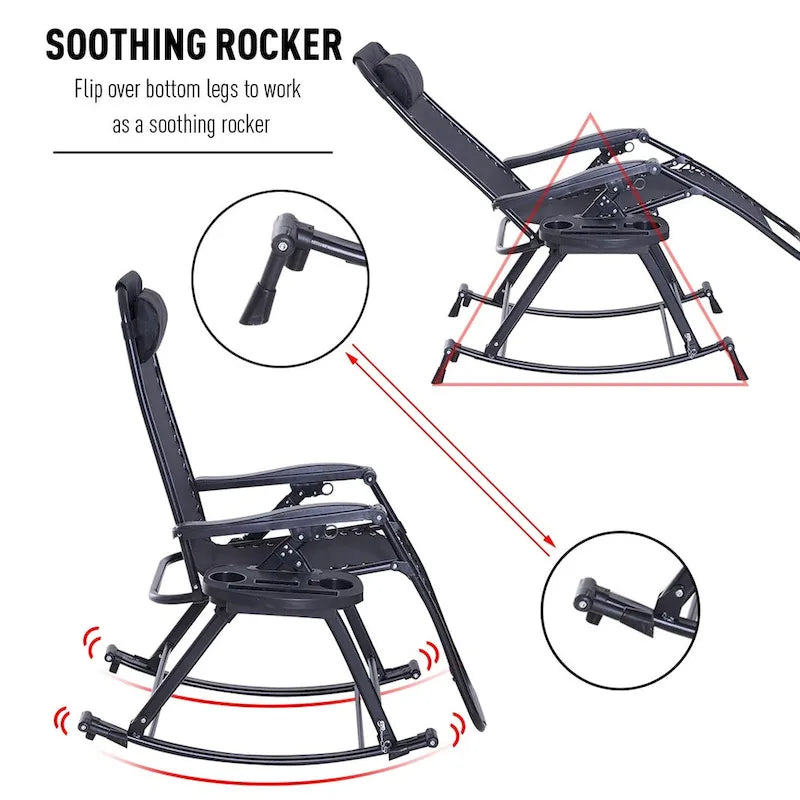 Outsunny Folding Zero Gravity Rocking Lounge Chair with Cup Holder Tray - Black