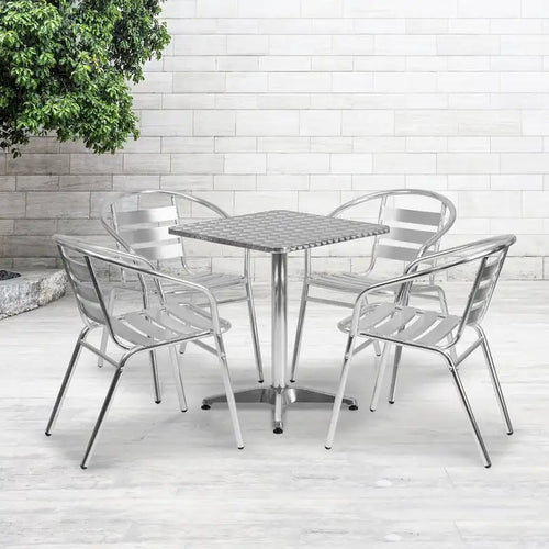 23.5 Square Aluminum Indoor-Outdoor Table Set with 4 Slat Back Chairs