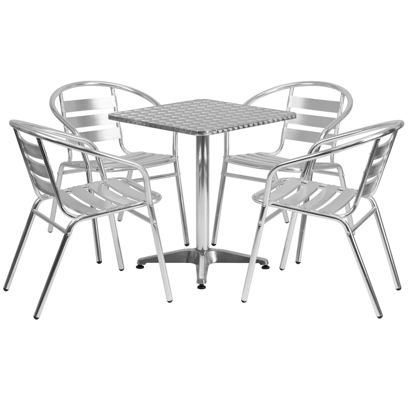 23.5 Square Aluminum Indoor-Outdoor Table Set with 4 Slat Back Chairs