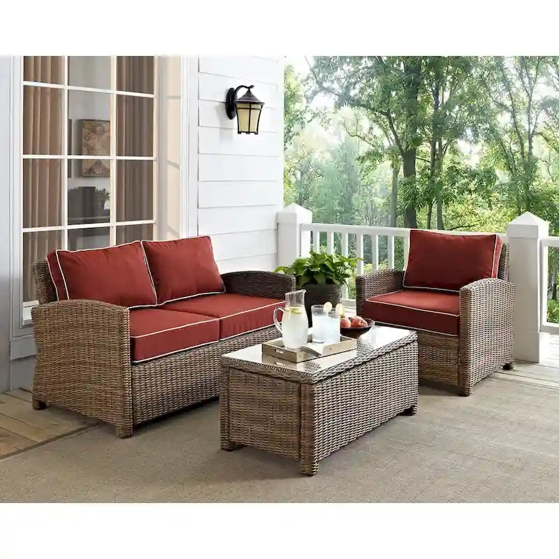 Crosley Bradenton Outdoor Wicker 3-Piece Seating Set with Sangria Cushions