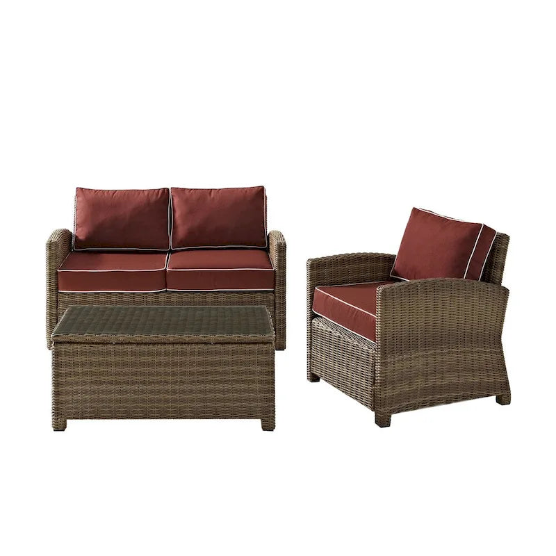 Crosley Bradenton Outdoor Wicker 3-Piece Seating Set with Sangria Cushions