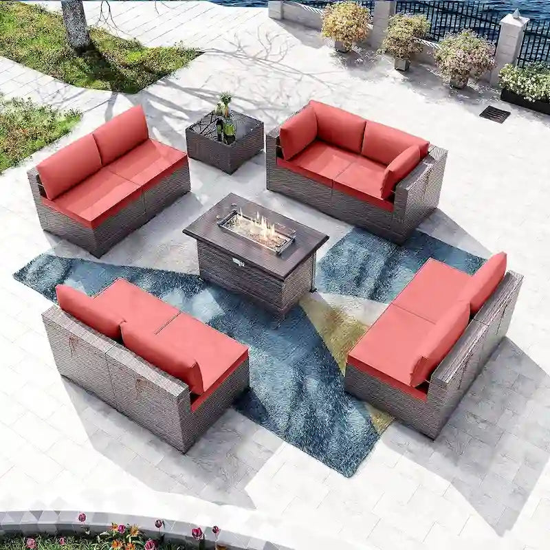 Kullavik 10 Pieces Outdoor Patio Furniture Set with Fire Pit Table