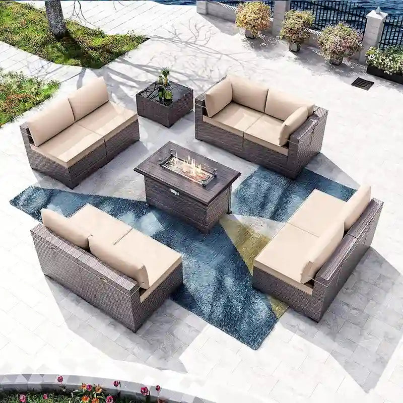 Kullavik 10 Pieces Outdoor Patio Furniture Set with Fire Pit Table