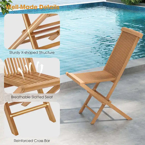 2 PCS Patio Folding Chair Indonesia Teak High Back Dining Slatted Seat Portable