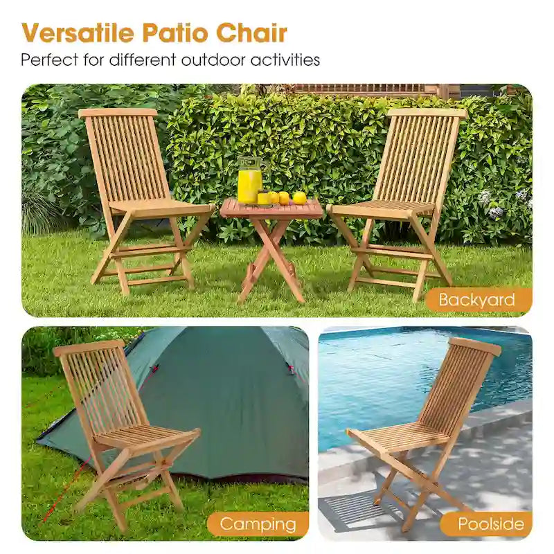 2 PCS Patio Folding Chair Indonesia Teak High Back Dining Slatted Seat Portable