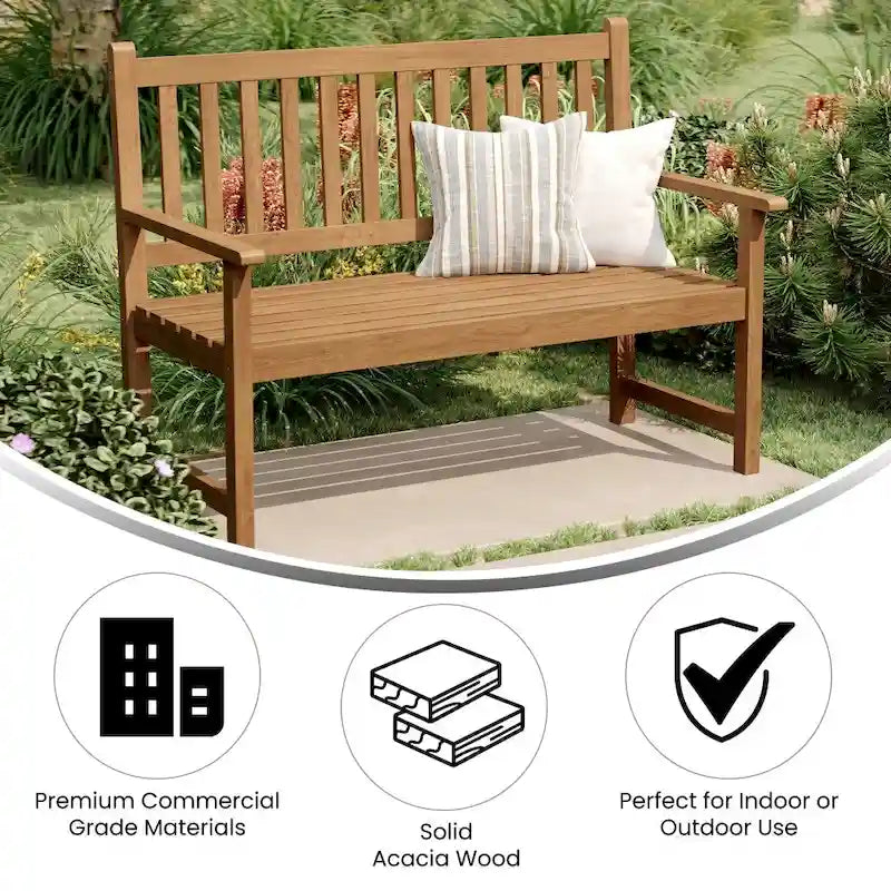 Solid Acacia Wood Indoor/Outdoor Patio Bench/Slatted Loveseat for 2