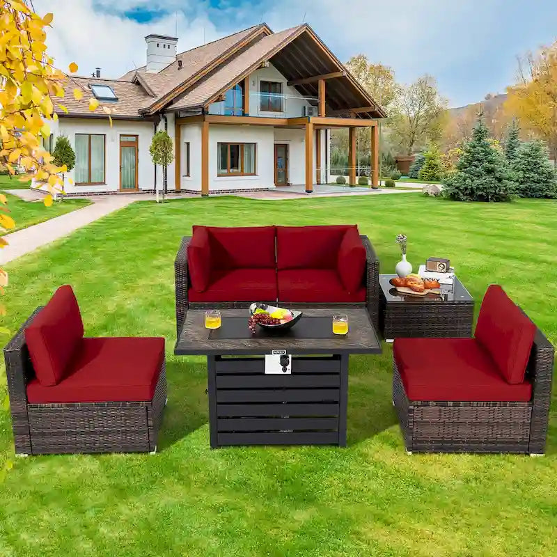 Costway 6PCS Patio Rattan Furniture Set 42 Fire Pit Table Cover Sofa - See Details
