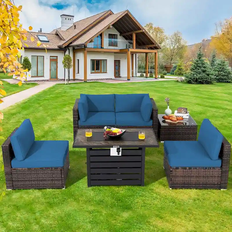 Costway 6PCS Patio Rattan Furniture Set 42 Fire Pit Table Cover Sofa - See Details