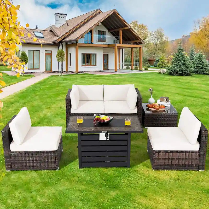 Costway 6PCS Patio Rattan Furniture Set 42 Fire Pit Table Cover Sofa - See Details
