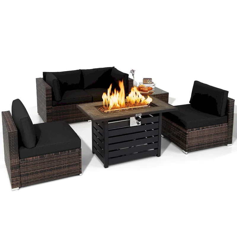 Costway 6PCS Patio Rattan Furniture Set 42 Fire Pit Table Cover Sofa - See Details