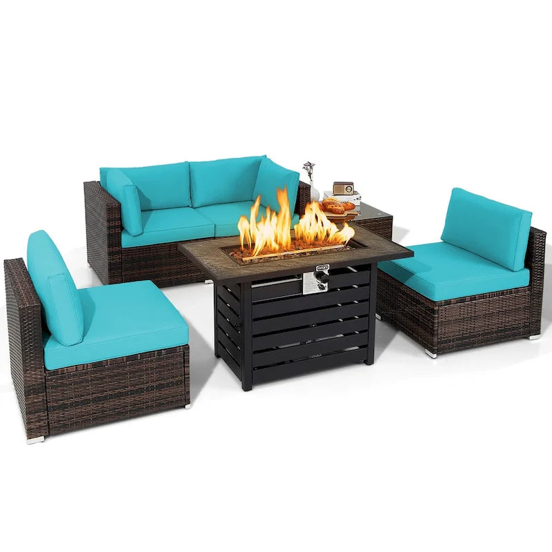 Costway 6PCS Patio Rattan Furniture Set 42 Fire Pit Table Cover Sofa - See Details