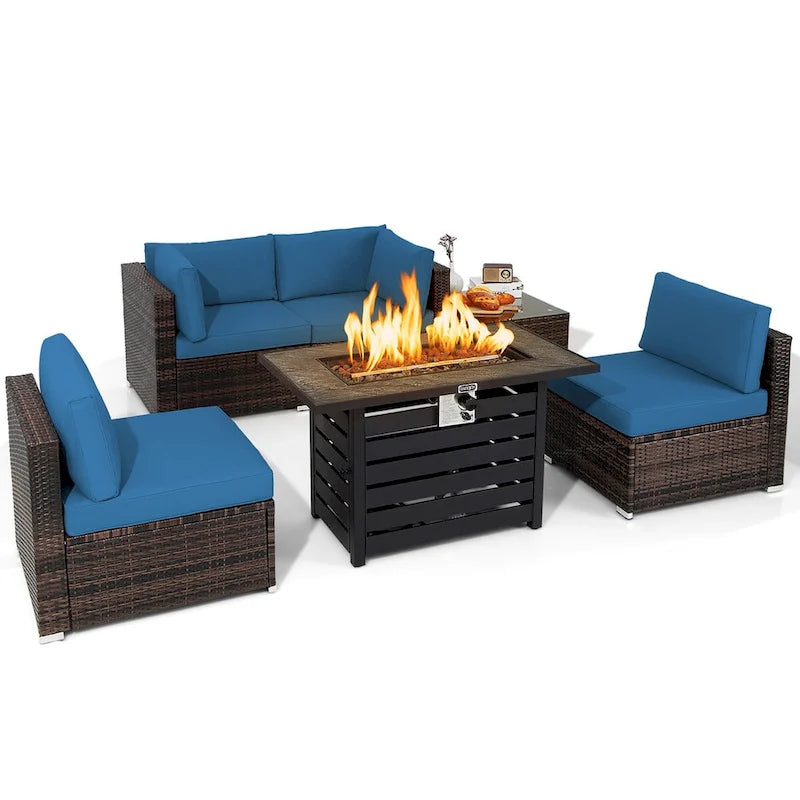 Costway 6PCS Patio Rattan Furniture Set 42 Fire Pit Table Cover Sofa - See Details