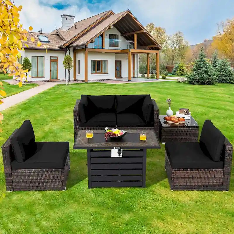 Costway 6PCS Patio Rattan Furniture Set 42 Fire Pit Table Cover Sofa - See Details